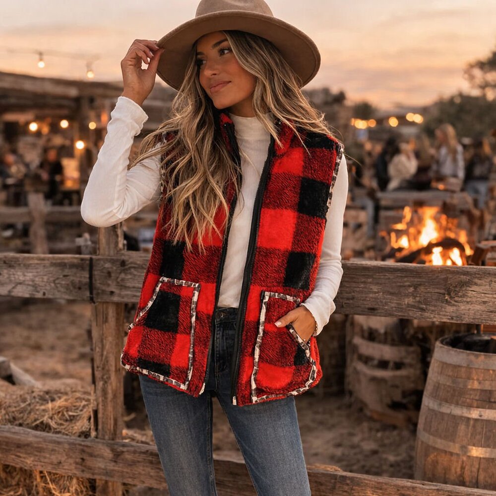 JADYK LADIES BUFFALO PLAID &‎ LEOPARD VEST